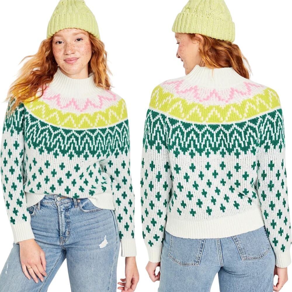 NWT Old Navy Fair Isle Mock Neck Pullover Sweater Size Small Women's White Green